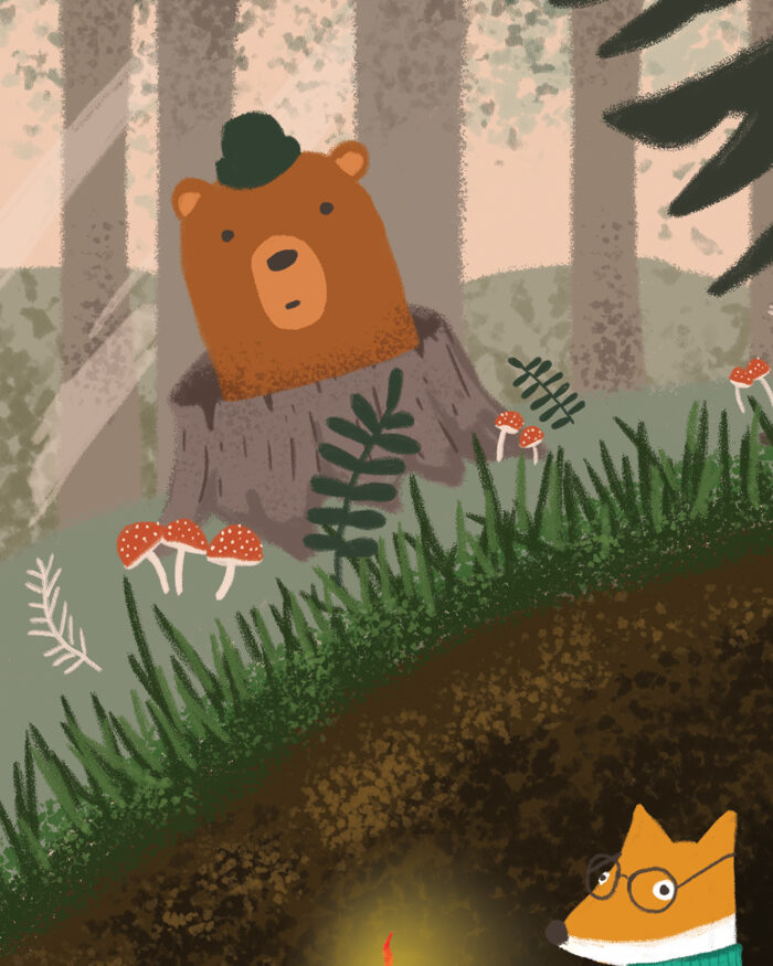 Fox and bear illustration detail for nursery by Pete Reynolds Gather